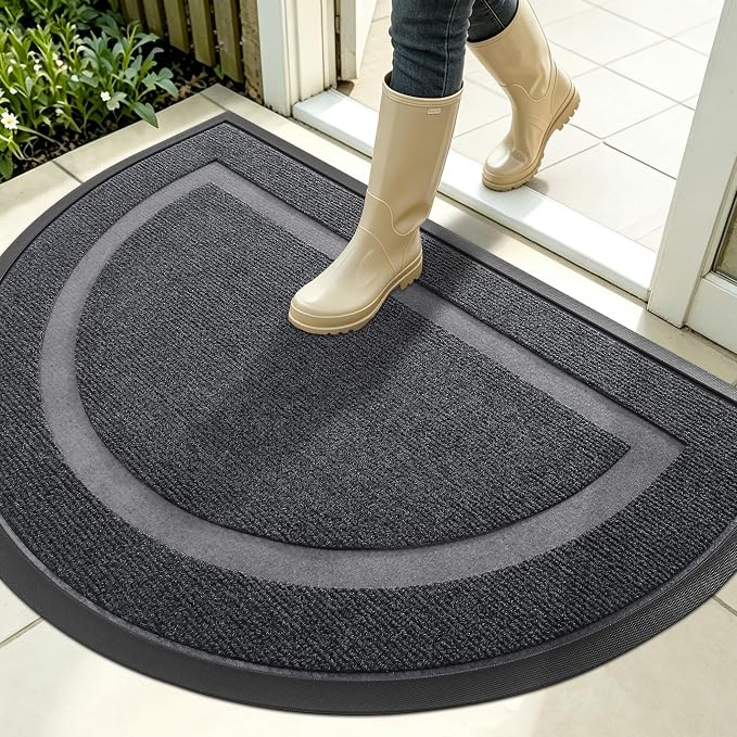 OLANLY Half Circle Front Door Mat Outside 35x23 All-Season Rubber Doormat | Grey, Absorbent, Heavy-Duty, Stain and Fade Resistant, Waterproof Non-Slip Backing, Low-Profile Indoor Outdoor Entryway Mat