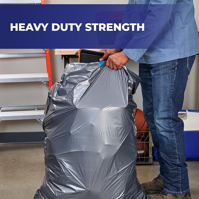 Hefty Steelsak Heavy Duty 39 Gallon Trash Bags, Gray, Unscented, 30ct | 39G Heavy Duty Trash Bags, 1.05 Mil Thick, Tear-Resistant Drawstrings, Resists Punctures, For Indoor and Outdoor Use