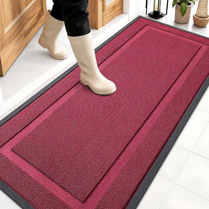 OLANLY Front Door Mat Outside 59x23, All-Season Heavy-Duty Rubber Doormat | Burgundy, Absorbent, Stain and Fade Resistant, Waterproof Non-Slip Backing, Low-Profile Indoor Outdoor Floor Mat for Entryway