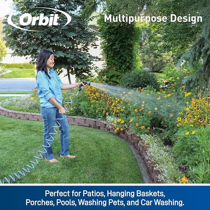 Orbit 26381 Coil Garden Hose, 25 Feet, with 8-Pattern Hose Nozzle (Blue) | Flexible Coil Garden Hose with 8-Pattern Spray Nozzle for Lawn & Garden Watering, Lightweight & Easy to Store
