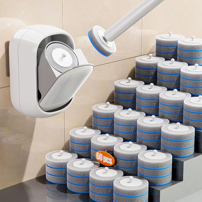Ctime Disposable Toilet Brush Set with 60 Refills, Wall Mounted Wand Kit | Waterproof with Lid，Hands-Free Lid,New Wand Refills,One-Click Disposal,Pre-Loaded Cleaner,360° Rotating Head