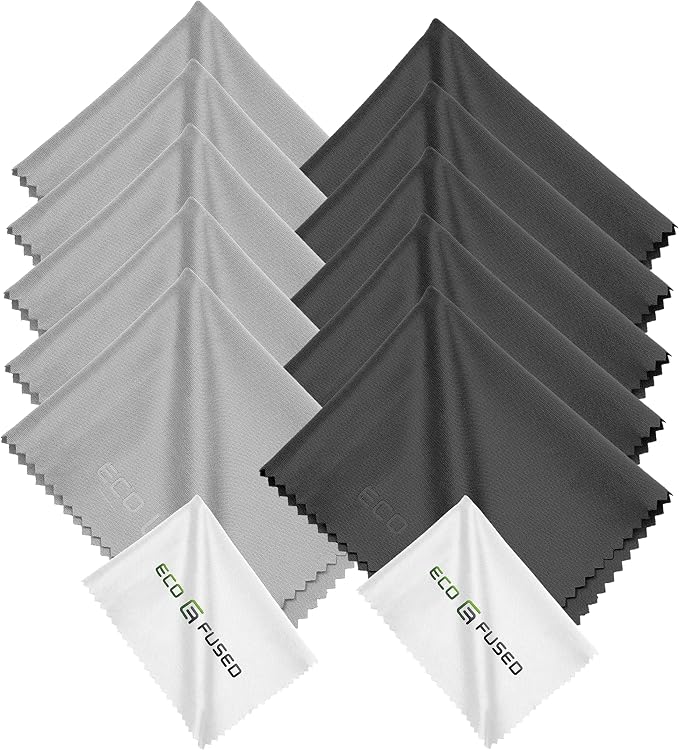 Eco-Fused Microfiber Cleaning Cloths - 12 Pack - for Cleaning Glasses, Spectacles, Camera Lenses, iPad, Tablets, Phones, iPhone, Android Phones, Laptops, LCD Screens and Other Delicate Surfaces