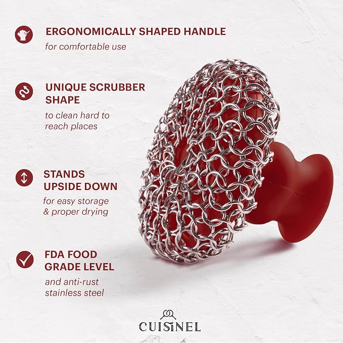 Cast Iron Chainmail Scrubber + Pan Scraper - Ergonomic Stainless and Silicone Cleaner for Pots and Skillets - Premium Food-Safe Design - Easy to Clean Dishwasher Safe Cookware Sponge Kitchen Accessory