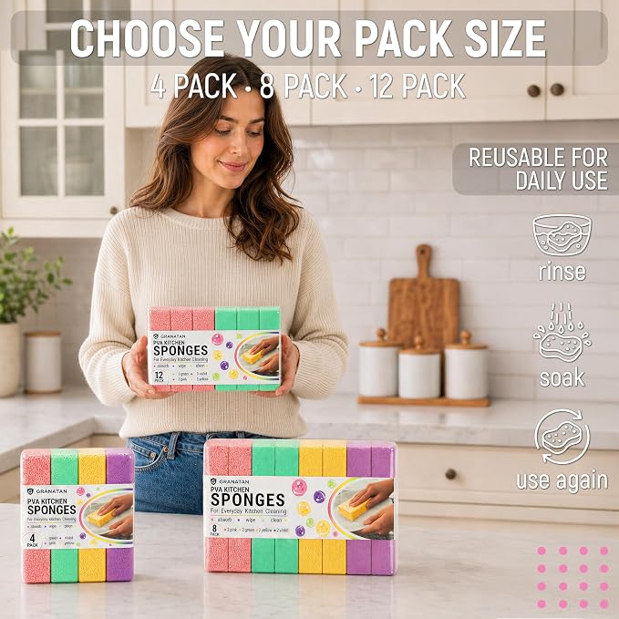 PVA Household Cleaning Sponges, Cleaning Water Absorbent Sponge for Glass, Countertops, Bathroom, Kitchen, Walls, Baseboards, Car, Non Abrasive Long Use Multipurpose Sponge, 12 Pack, 4 Colors