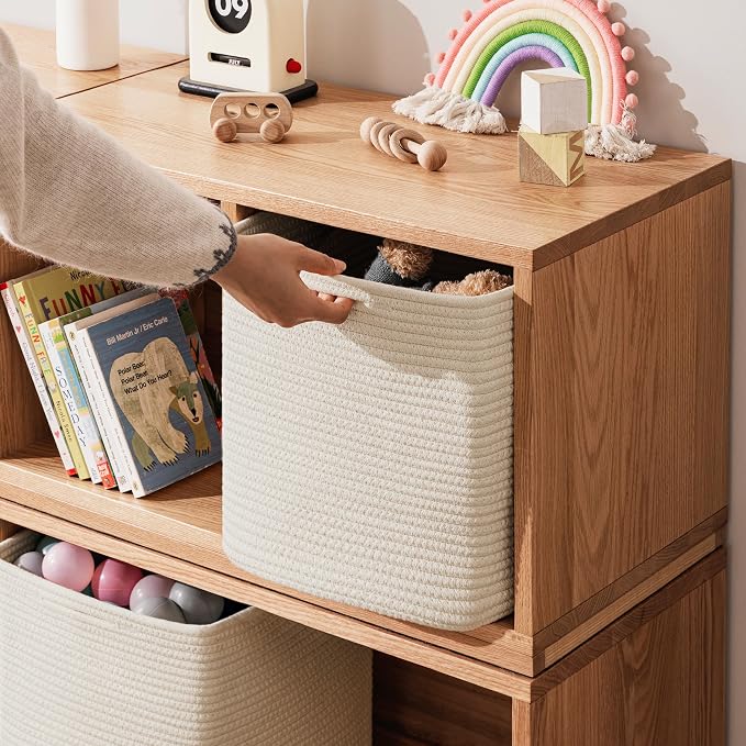 joybest 11inch Cube Storage Bins, Cotton Rope Woven Organizer Basket | Set of 4 Cube Bin Square Shelves Organizer Closet Storage, Nursery, Toy Organization, Beige