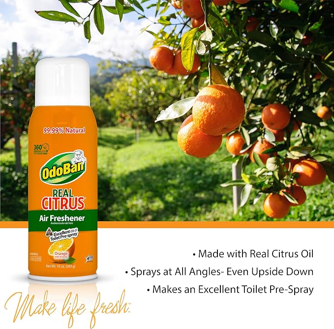 OdoBan Aroma Eliminator, 360-Degree Continuous Spray Natural Oil Real Citrus Air Freshener, Toilet Spray, 4-Pack, 10 Ounces Each, Orange Scent