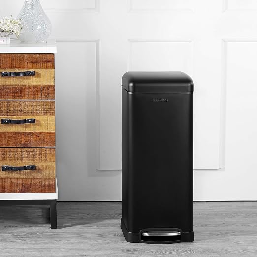 happimess Betty 8 Gal Step Trash Can Soft-Close Lid, Charcoal Black | Fingerprint Resistant, Removable Liner, Semi-Rectangular, Steel Pedal, Iron Powder Coated, 27" Height, Non-Skid Base