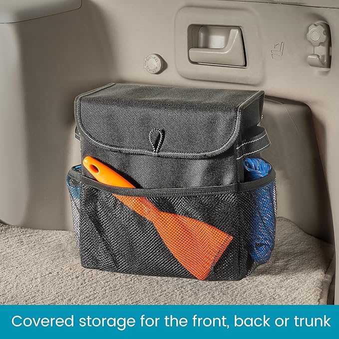 Carganizer Small Car Storage Bin with Lid for Trunk, Front Seat or Backseat | Multipurpose Compact Car Organizer Holds Driving Essentials, Cleaning Supplies, Emergency Items and Pet Needs