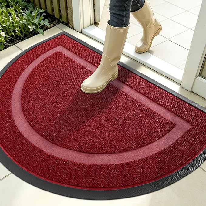 OLANLY Half Circle Front Door Mat Outside 35x23 All-Season Rubber Doormat | Wine Red, Absorbent, Heavy-Duty, Stain Fade Resistant, Waterproof Non-Slip Backing, Low-Profile Indoor Outdoor Entryway Mat