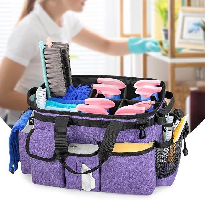 LoDrid Large Wearable Cleaning Caddy Bag with Detachable Divider, Purple | Cleaning Supply Tote Organizer with Handles and Adjustable Shoulder Strap for Cleaners & Housekeepers