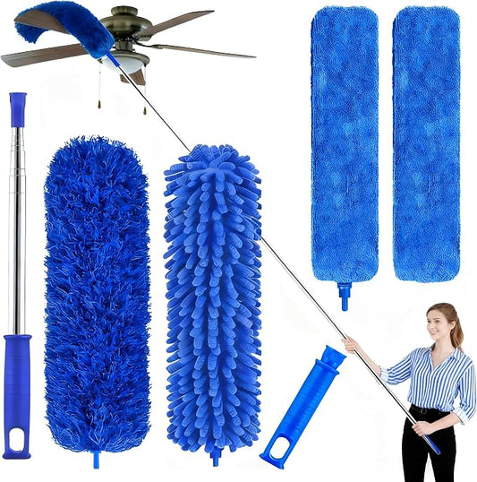 Bendable Microfiber Duster, Dusters for Cleaning Extendable(6PCS) | 100 Inch Telescopic Pole, Washable & Reusable, Stainless Steel Extension Pole, for High Ceiling, Fan, Blinds & Furniture