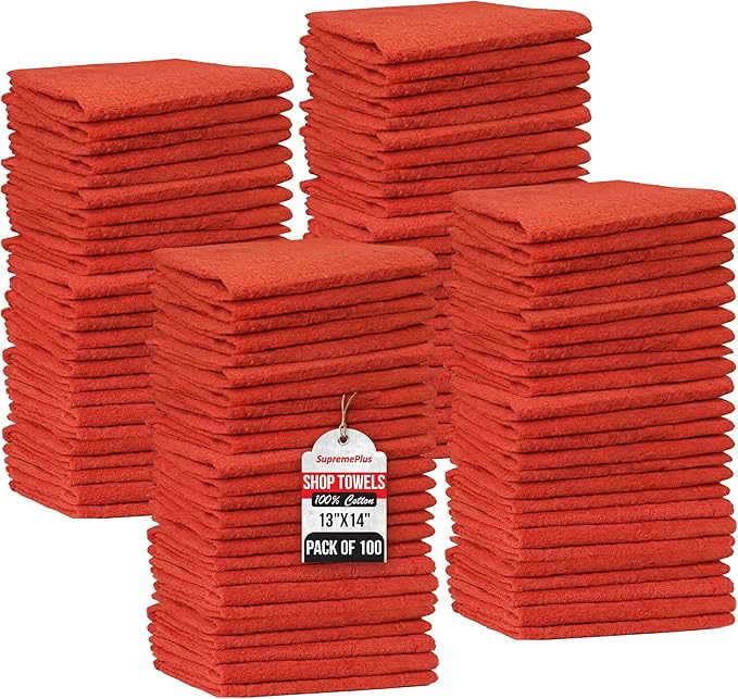 Premium Shop Towels Bulk, 100 Pack, 13”x14”, Reusable Red Towels, Durable & Multipurpose 100% Cotton Cleaning Towels for Auto, Oil, Grease, Paint, Garage, Workshop, Industries & Home Use