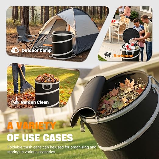 Collapsible Pop Up Trash Can with Hard Plastic Bottom and Drain Holes, 23 Gallon Foldable Yard Waste Leaf Bag and Outdoor Camping Garbage Bin for Garden, RV and Indoor Storage