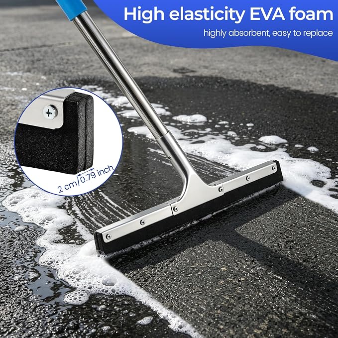 Aodaer Large Floor Squeegee with 62‘’ Adjustable Stainless Steel Handle | 2 Pairs 17.7'' Extra Replacement EVA Blades Clip Heavy Duty Household Rubber Broom for Garage, Courtyard, Pool, Tile Bathroom