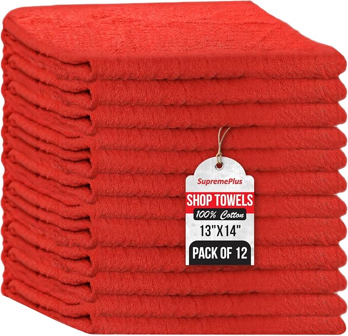 Premium Red 100% Cotton Shop Towels, 12 Pack, 13”x14”, Reusable Cleaning Shop Rags, Absorbent Mechanic Rags for Automobiles, Oil, Grease, Car Washing, Industries, Garage, Bar, and Home Use