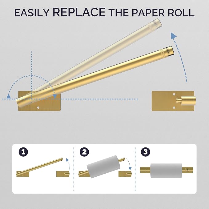 Gold Paper Towel Holder Under Cabinet Self Adhesive or Wall Mount | 304 Stainless Steel Post Pivoting Design No Drilling for Kitchen, Bathroom Waterproof & Rustproof, Square Base