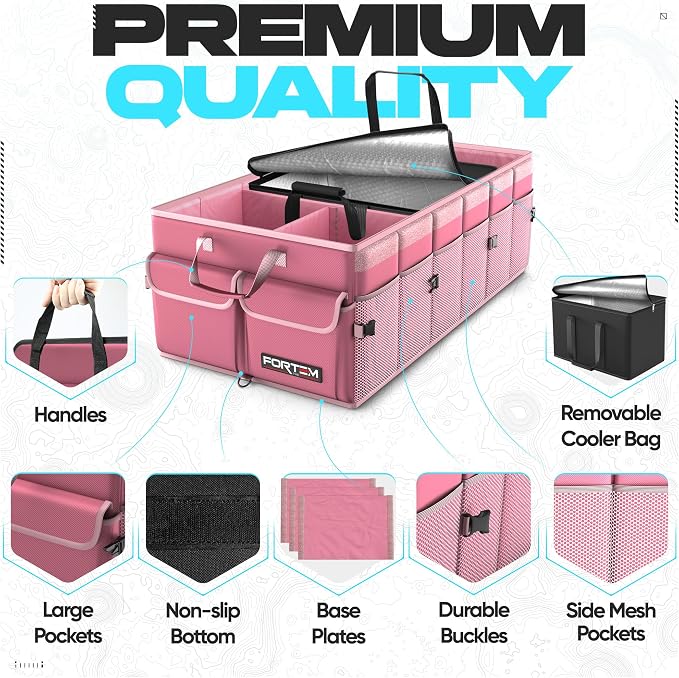 FORTEM Trunk Organizer - Foldable Car Organizer with Cooler for SUV, Trucks | Car Accessories for Men Women, Collapsible Bag, Non Slip Bottom, Straps, Soft Cover, 600D Oxford, Pink, 6 Compartments, 105L
