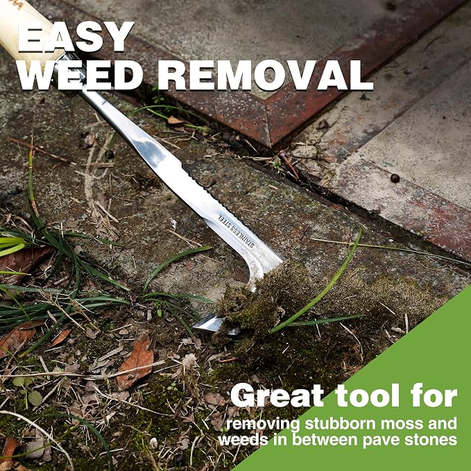 WORKPRO Crack Weeder, 12" Stainless Steel Crevice Weeding Tool with Ash Wooden Handle | L-Shaped Sidewalk Weed Puller Spatula, for Garden Lawn Yard Patio Terrace Paving Moss Garden Tool Weeder Tool