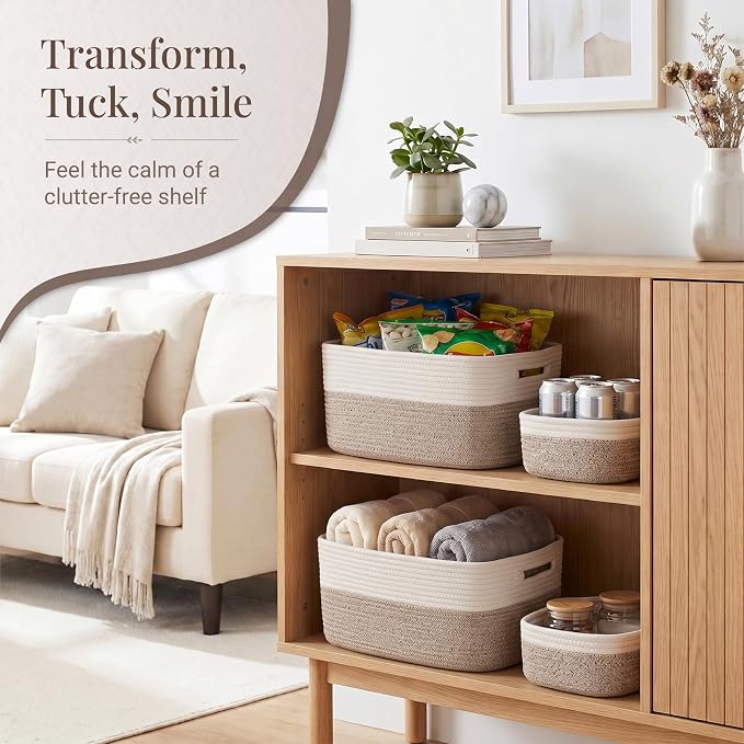 4 Pack Storage Baskets for Shelves, 17"x13"x7.5" & 7"x7"x3.5" | Cotton Rope Woven Baskets for Organizing, 2 Sizes Organizer Bins, Baskets for Shelves, Nursery, Toys, Closets, Laundry & Home