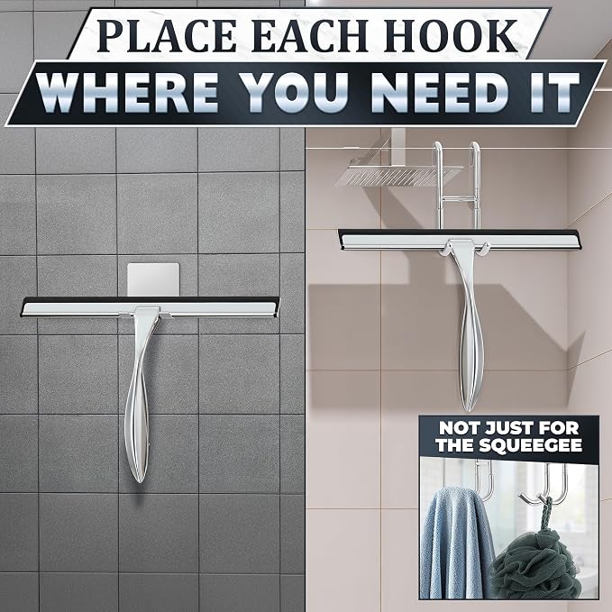 Stainless Steel Shower Squeegee, Glass, Silicone, 10 Inch (Silver) | Shower Door Squeegee with Silicone Blade, Adhesive & Hanging Hooks for Mirror, Tile, Window, Car, Multi-Surface Everyday Use