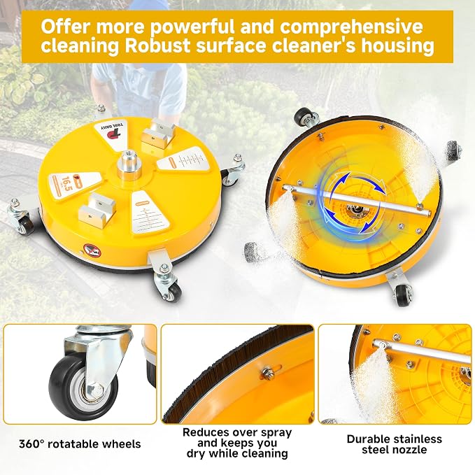 Tool Daily 16.5" Pressure Washer Surface Cleaner with Dual Handle, 4500 PSI | Surface Cleaner for Pressure Washer Attachment with 4 Wheels for Driveway, Sidewalk, Patio, Deck Cleaning