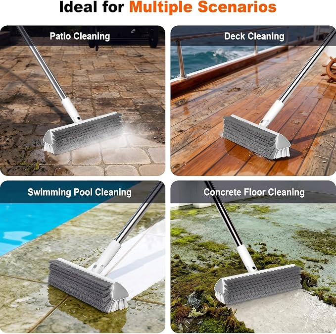 V-Shaped Floor Scrub Brush with Long Handle, Heavy-Duty Stiff Bristle Grout Cleaning Brush, 180° Rotating Tile Scrubber for Bathroom, Shower, Kitchen, Garage, Patio, Deck & Concrete Floors