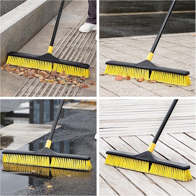 Yocada 24 inch Push Broom Brush 65.3 inch Long Stiff Bristles Heavy-Duty | Outdoor Commercial Broom for Cleaning Bathroom Kitchen Patio Garage Deck Concrete Wood Stone Tile Floor