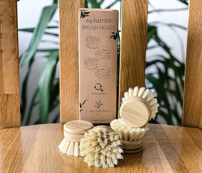 Replacement Brush Heads (Pack of 4) for Bamboo Dish Brush, Sisal Bristle Refills, Agave Cactus Fibres, Kitchen Eco Scrubber, Plastic Free Washing Up, Zero Waste Cleaning