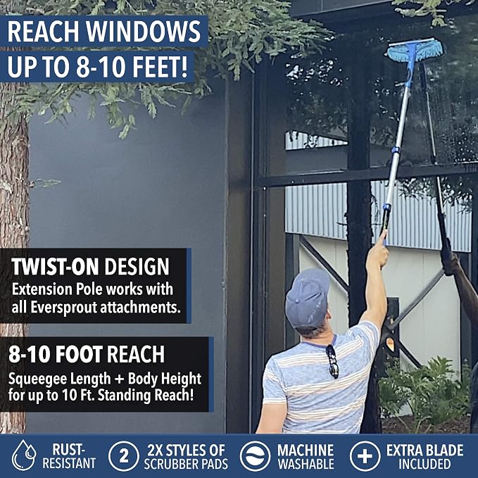 EVERSPROUT Swivel Squeegee & Microfiber Window Scrubber, 1.5 to 3ft Pole | 2-in-1 Window & Glass Cleaning Combo, Swivels to 7 Angles, 10-inch Blade, 8-10ft Standing Reach, Machine Washable, Non-Slip