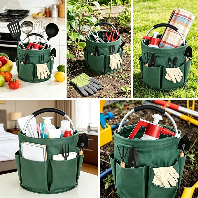 17L Waterproof Cleaning Supply Caddy 600D Foldable Storage Basket Green | Oxford Fabric Garden Tool Organizer Bag+6 Pockets Multifunctional Organiser Mop Bucket for Bathroom, Garden,Camping& Fishing