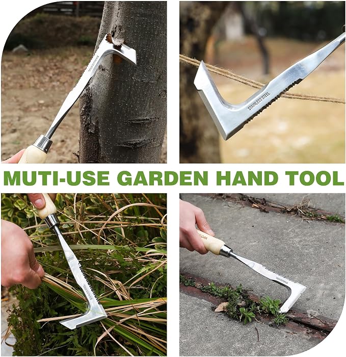 WORKPRO Crack Weeder, 12" Stainless Steel Crevice Weeding Tool with Ash Wooden Handle | L-Shaped Sidewalk Weed Puller Spatula, for Garden Lawn Yard Patio Terrace Paving Moss Garden Tool Weeder Tool
