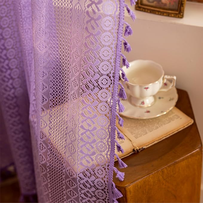 Sutuo Home Lavendar Boho Lace Curtains for Kitchen Kid's Room, Semi Sheer Macrame Bohemian Cottagecore Farmhouse Fringes Crochet Vintage Chic Window Treatment Drapes, Rod Pocket 1 Panel 59" W x 63" L