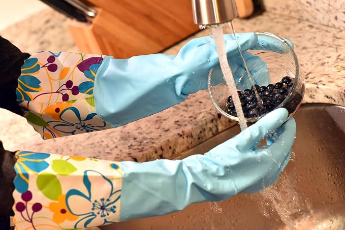 2 PAIRS Household Gloves Latex Free Cleaning Gloves with Soft Lining Long Cuff 15" & Grip, Medum, Pink/Blue