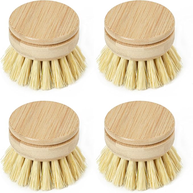 JUNGLE CULTURE Soft Replacement Dish Brush Heads • 4 Pack Sisal Refills | Non Toxic Plastic Free Kitchen Brushes for Pots, Pans, Cast Iron, Jars & Vegetables • Natural Fiber Bristles