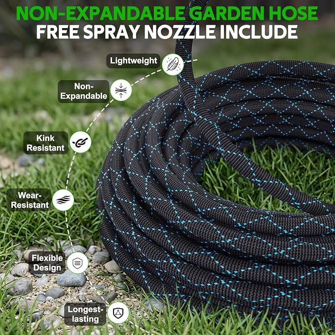 Non-Expanding Garden Hose 50ft w/10 Function Nozzle, Lightweight Water Hose