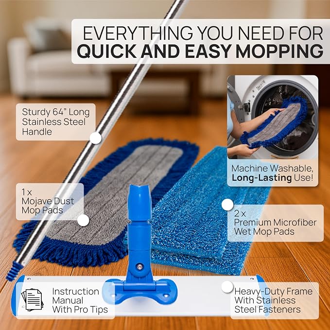 Microfiber Wholesale 24" Professional Microfiber Flat Mop – Wet, Dry & Dust for Hardwood, Vinyl Plank, Laminate & Tile – Commercial Flat Mop System, 64" Stainless Handle, 3 Reusable Pads