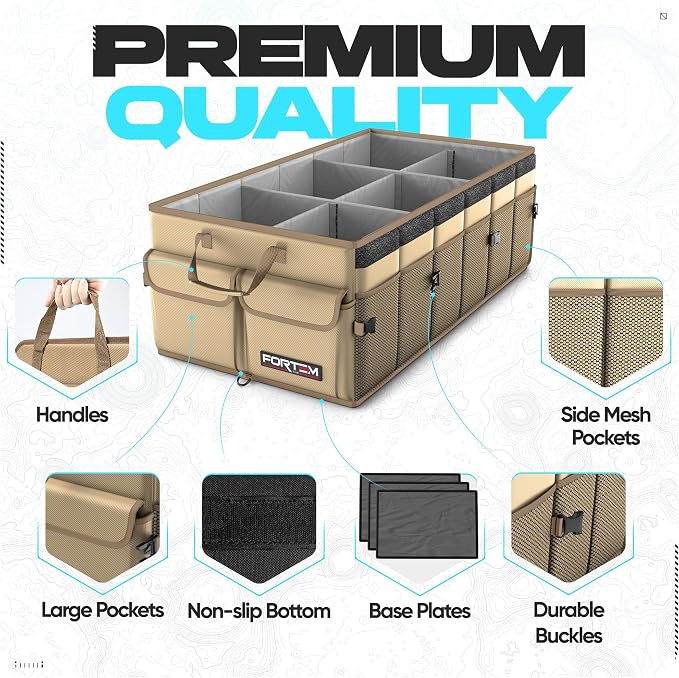FORTEM Trunk Organizer - Foldable Car Organizer & Storage for SUVs & Trucks | Car Accessories for Men Women, Collapsible Bag, Non Slip Bottom, Straps, Soft Cover, 600D Oxford, Beige, 6 Compartments, 85L