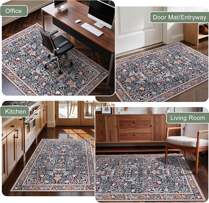 Anidaroel 48"x60" Office Chair Mat for Hardwood Floor/Tile, Vintage Desk Chair Mat for Hardwood, Anti-Slip Floral Bird Rug for Office, Low Plie Floor Protector for Rolling Chairs, Taupe