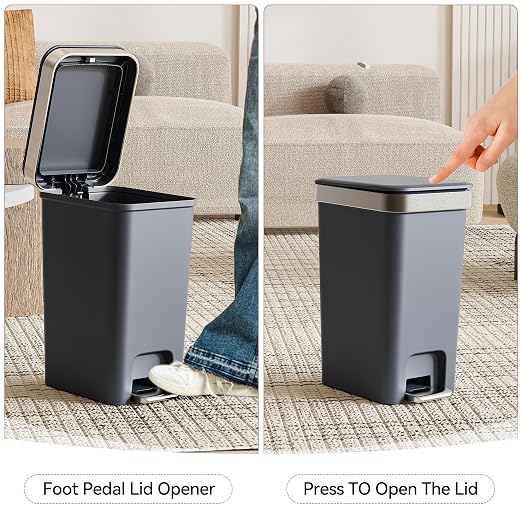 2PACK 2.6 Gal Small Bathroom Trash Can with Lid Foot Pedal,Dark Gray | Step Pedal Wastebasket Plastic Garbage Can with Pop-Up Lid for Kitchen,Bedroom,Office,Dorm,Laundry,Restroom,Rv,White