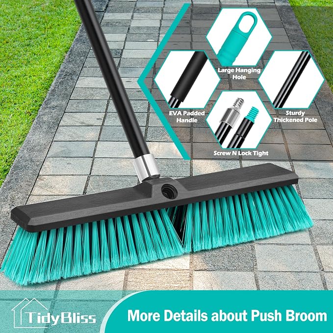 TidyBliss 3 Pack 18” Push Broom Outdoor Heavy Duty, Large Commercial Stiff Bristle Brush with 63 inches Long Handle for Garage Shop Garden Yard Patio Deck Street Warehouse Lawn Driveway (Green)