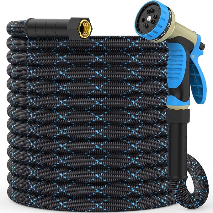 Non-Expanding Garden Hose 50ft w/10 Function Nozzle, Lightweight Water Hose