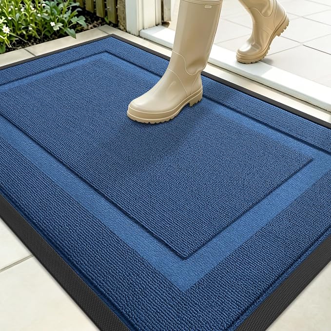 OLANLY Front Door Mat Outside 35x23, All-Season Heavy-Duty Rubber Doormat | Navy Blue, Absorbent, Stain Fade Resistant, Waterproof Non-Slip Backing, Low-Profile Indoor Outdoor Floor Mat for Entryway
