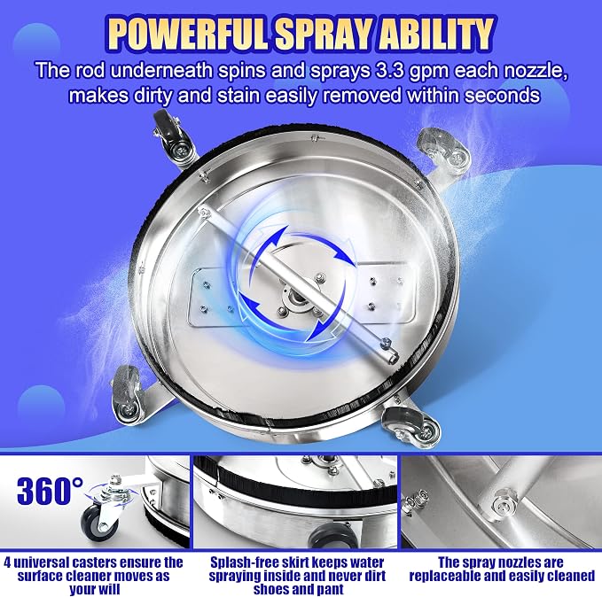 PWACCS 20" Pressure Washer Surface Cleaner with Wheels, Stainless Steel | Dual Handle & 4 Wheels, Power Washer Accessory for Driveway Sidewalk Patio Concrete Cement, 4500 PSI, 3/8" Quick Connect