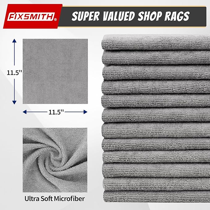 Microfiber Cleaning Cloth, Shop Towels Bulk, 24 Pack Grey Microfiber Towels for Cars, All-Purpose Absorbent Cleaning Rags, Dust Cloth for Automotive, Mechanic, Garage, Bar, 12 x 11 inch