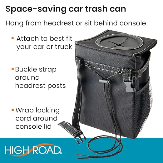 High Road StashAway Heavy Duty Car Trash Can with Rubber Lid | Leakproof Car Garbage Can With 3 Storage Pockets and Sturdy Panels for Stable Floor or Hanging Seatback Use