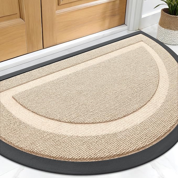 OLANLY Half Circle Front Door Mat Outside 33x21 All-Season Rubber Doormat | Off-White, Absorbent, Heavy-Duty, Stain Fade Resistant, Waterproof Non-Slip Backing, Low-Profile Indoor Outdoor Entryway Mat
