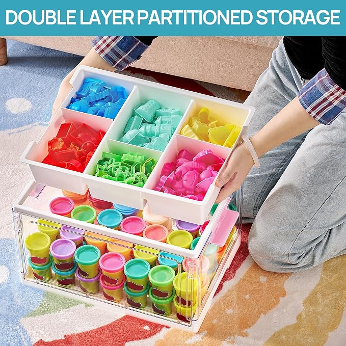 Vtopmart 24 QT Clear Craft Organizer with Removable Tray & Dividers,Pink,1 Pack | Storage Box for Coloring Books, Modeling Clay, Molds and Art Supplies, Removable Tray for Craft Supplies Organization