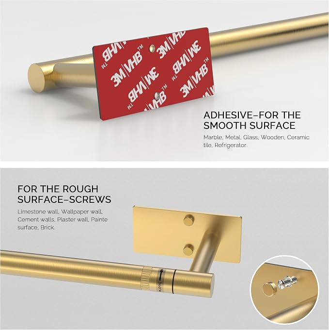 Gold Paper Towel Holder Under Cabinet Self Adhesive or Wall Mount | 304 Stainless Steel Post Pivoting Design No Drilling for Kitchen, Bathroom Waterproof & Rustproof, Square Base