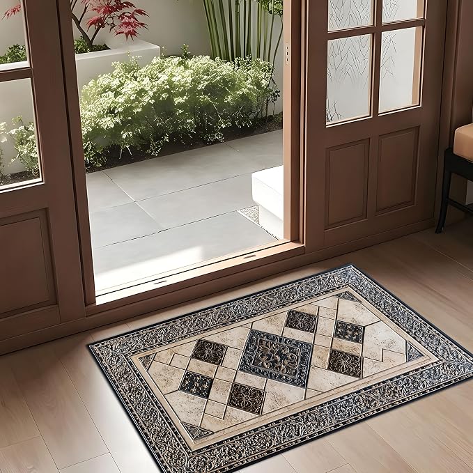 Vintage Geometric Mosaic Rug 15.7x23.6 Inch, Faux Cashmere Non Slip Small Area Rug, Decorative Indoor Floor Mat for Entryway Bedroom Kitchen (Geometric Grid, 15.7x23.6inch)