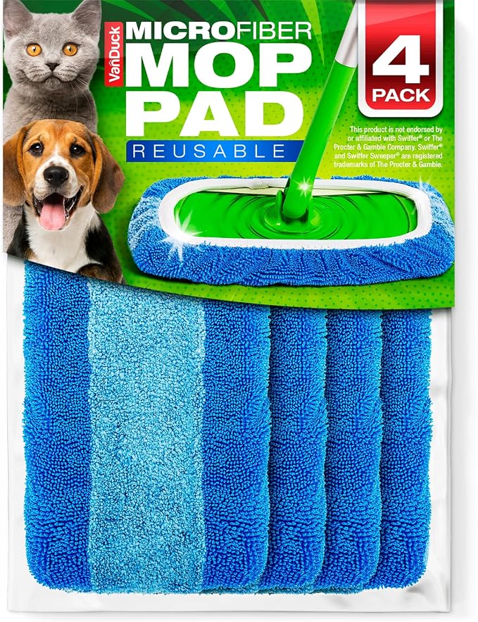 VanDuck Reusable Microfiber Mop Pads for Swiffer Sweeper (4-Pack), Blue | Handle not included, machine washable wet & dry mopping cloths, mop head replacement floor cleaning